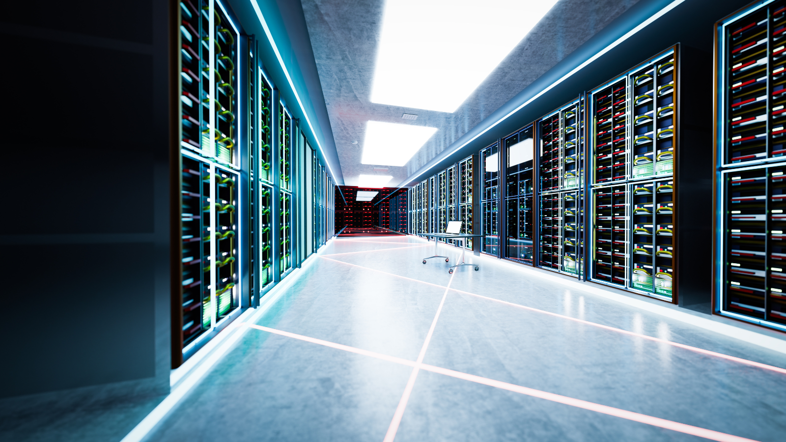 Illuminated aisle inside a modern data centre